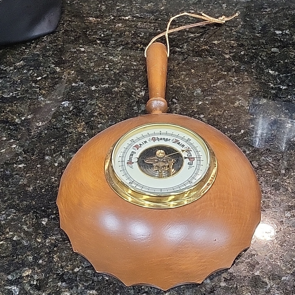 Vintage Barometer Weather Made Western Germany Porcelain Dial Wood Frying Pan